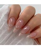 Buy MISUD Almond Press on Nails - Medium Stiletto Glossy Chrome Acrylic Bling French Tip - 24 pcs Nude Pink | International Shipping Available - Buy Online on SooperMarket.com