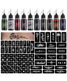 STIGMA  Temporary Tattoo Kit 10 Bottles Color Inks, 84 Pcs Stencils Kit for Body Paint DIY Tattoos Temp, DIY Fake Tattoo for Women Kids (Black*2, Cyan, Red, Green, Blue, Purple, Brown*2, Orange) Color set - Buy Online on SooperMarket.com