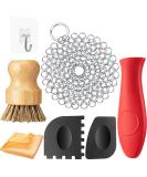 7-Piece Cast Iron Cleaner Set with Stainless Steel Chainmail Scrubber, Bamboo Dish Brush, Hot Handle Holder, Grill Scrapers, Kitchen Towel & Wall Hook - Buy Online on SooperMarket.com