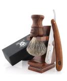 Haryali London Men's Wooden Shaving Set - Straight Razor Black Badger Hair & Stand | Best International Shipping - Buy Online on SooperMarket.com