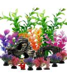 PietyPet 15pcs Fish Tank Decorations: Resin Broken Barrel, Cave Rock, Plastic Plants, Hideout Ornaments - Aquarium Decor Set - Buy Online on SooperMarket.com