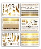 Gold Metallic Temporary Tattoos - 75+ Geometric Henna Designs Moon Stars Arrows Feathers - Waterproof, Non-toxic, Long Lasting - Ideal for Beach, Festivals & More! - Buy Online on SooperMarket.com