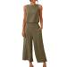 Two Piece Sets for Women Summer Casual Solid Color Set Sleeveless Round Neck Crop Top Wide Leg Capri Pants with Pocket Khaki Medium