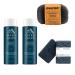 MightyNest Men's Shower Set: Oars and Alps Blue Charcoal Bar Soap Shampoo Conditioner and Charcoal Body Sponge | Plastic Free | Moisturizing for all Skin and Hair Types | 4 Piece Bath Gift Set Oars + Alps Shampoo and Conditioner - Charcoal Soap - Sponge