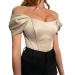 TUNUSKAT Womens Sexy Tube Top Off The Shoulder Puff Sleeve T-Shirt Blouse Solid Slim Fishbone Thread Breast Wrap Pullover Small 01*beige
