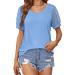 MALAIDOG Womens Casual Lace Puff Short Sleeve Tunic Blouse Floral Printed V Neck T Shirt Dressy Tops Summer Flowy Crochet Tee Blue Large