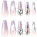 24pcs Light Purple Rhinestone Flower Pattern Long Coffin False Nails - French Fake Nails for Women and Girls - Buy Online on SooperMarket.com