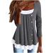 Long Sleeve Tops for Women Fake Two Shirts Color Block Crew Neck T-Shirt Top Button Up Blouse Dressy Henley T Shirt Gray Medium