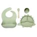HongHong Silicone Baby Feeding Set - Silicone Bib  Dinosaur Shape Silicone Plate Baby Suction- Baby Toddler Self Feeding Training Eating Dishes Supplies  Green  25*30*5cm (SB008)