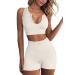QINSEN Seamless Workout Sets for Women Ribbed Sport Bra High Waist Running Shorts Gym 2 Piece Yoga Sets Medium Beige