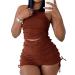 Summer Two Piece Outfits for Women, Casual Stretchy Ribbed Tank Crop Top Drawstring Ruched Shorts Set Workout Tracksuits Brown Large