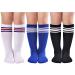 LO SHOKIM Toddler Knee High Socks Kids Soccer Socks Girls Three Stripes Over the Calf School Uniform Stockings Athletic Boys 3pairs-black+blue+white&blue Red 5-7 Years
