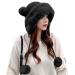 Peicees Winter Fluffy Hats for Women Bomber Hat Warm Knit Beanie with Fur Pompom Russian Ushanka Trapper Hat Ear Cover Black