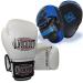 Boxing Gloves and Pads Focus Mitts Set for Kickboxing, Muay Thai MMA Training, Fitness Kit with Punching Pads for Martial Arts White/Blue 8 oz