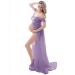 FEOYA Maxi Maternity Dress Chiffon Lace Strapless Gown Split Front for Pregnant Women Photography Full Length Purple L