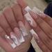 RikView French Tip Nails Square Press on Nails Long Fake Nails with 3D Flowers White Nails Glossy Stick on Nails 24 PCS Long White French