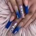 Brishow Coffin False Nails Rhinestone Press on Nails French Long Stick on Nails Ballerina Acrylic Fake Nails 24pcs for Women and Girls blue 24 Piece Set