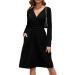 OUGES Women's Spring Casual Midi Dress Long Sleeve V-Neck Floral Ladies Wrap Dress with Pockets L Black