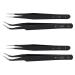 Lodokdre 4X Nail Art Rhinestones Eyelashes Extension Straight & Curved Tweezers Tool Set-Black