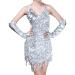 Women Halter Tassel Sequin Latin Tango Salsa ChaCha Rumba Fringe Strap Flapper Stage Ballroom Dress with Gloves Set One Size Silver