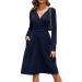 OUGES Women's Spring Casual Midi Dress Long Sleeve V-Neck Floral Ladies Wrap Dress with Pockets XL Navy