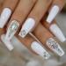Coolnail Glossy White 3D Shiny Holo Gems French Coffin Ballet False Nail Press on Ballerina Fake Nails Tips Reusable Wear 24pcs/set L5760
