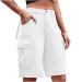 Camo Cargo Shorts for Women Button Fly Shorts with Pockets Solid Color Knee Length Pant Summer Casual Wide Leg Shorts White Medium