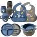 Soft Silicone Baby Feeding Set with Pattern Baby Led Weaning Supplies with Adjustable Bib Suction Bowl Suction Divided Plate Straw Cup First Stage Spoon & Fork Space&dinosaur