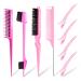 8PCS Hair Brush Comb Set Slick Back Hair Brush Edges Brush Set Bristle Hair Brush Teasing Brush Rat Tail Hair Comb with Hair Clips Back Combing Brushes for Hairdresser Women Baby Children Pink