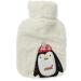 Hot water bottle with fluffy soft plush cover and cute animal motif embroidery 28 x 18 cm 0.85 litres (penguin)