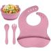 Vicloon Baby Weaning Set 4 Pcs Silicone Baby Feeding Set Suction Plate Bowl Bib Spoon and Fork BPA Free Silicone Feeding Set Toddlers and Kids Bowl Set Gift for Kids (Pink) Bear Sucker Bowl - Pink