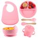 Baby Weaning Set 6 Pcs Silicone Baby Feeding Set Includes Adjustable Bib Divided Plate Suction Bowl Drinking Cup Fork and Spoon for Babies Toddlers Kids Pink