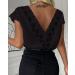 Women's Black V Neck Button Down Blouse with Lace Trim Backless Detail | Cap Sleeve Tunic Shirt - Buy Online on SooperMarket.com
