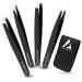Avizona Set of 4 Precision Tweezers for Facial Hair Women & Men Professional Eyebrow Tweezers for ingrown Hair Black Color Coated tweezer Set with Leather Pouch