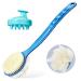 Shower Body Brush with Bristles and Loofah Back Scrubber Bath Mesh Sponge with Curved Long Handle Massage Bristles Suitable for Wet or Dry  with Cellulite Massager Blue