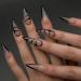 MISUD Press on Nails Long Stiletto Fake Nails Glossy Glue on Nails Almond Acrylic Nails Black French Tip Artificial Nails 3D Rhinestone Stick on False Nails with Butterfly Design 24 pcs 02912Black