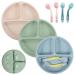 Lanjue 3 Pcs Baby Suction Plates Silicone Baby Weaning Plates Non Slip Divided Baby Dishes with Spoons Forks for Toddler Kids Self Feeding for Most Highchairs Trays (Green Blue Beige)