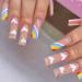 RUNRAYAY Rainbow French Long Fake Nail Press on False Nails with Nail Charms Coffin Acrylic Full Cover Nails Tips for Women & Girls 24Pcs