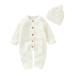 DovFanny Baby Boys Girls Romper Suit Lovely Solid Color Knit Jumpsuit Cute Casual Long Sleeve Winter Warm Outfit Clothes with Hat for Newborn Baby 6-12 Months White