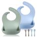 Vicloon Silicone Baby Bib 2PCS Baby Weaning Bibs with Fork Spoon Waterproof Baby Feeding Bibs Adjustable with Wide Food Catcher Pocket Unisex Toddler Bibs (Blue-Green) blue-dark green