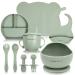Baby Self Feeding Tableware Set - Divided Suction Plate - Suction Bowl - Sippy Cup - Adjustable Bib - Placemat - Weaning Fork + Spoon + Kids Spoon + Fork Set - Cooshi Kids 9 Piece (Green)