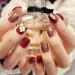 Sethexy Glossy Squoval Short False Nails Flower Glitter Rhinestone Studs Wine Full Cover Acrylic Fake Nails Tips for Women and Girls