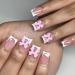 White French Tip Press on Nails with Pink Bow Designs Short Square Fake Nails Glue on Nails Glossy Nude Pink Manicure Art Acrylic Cute False Nails Stick on Nails for Women Girls 24Pcs White French Tip Bow
