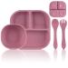 Mojinl Baby dishes silicone with suction cup slippery children's tableware set young girls 4 pieces bpa free dining bar sets with baby open and baby fork bowls dishwasher -safe pink
