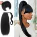 Kinky Straight Ponytail Extension with Bangs for Black Women Yaki Straight Wrap Arpund Pony Tail Hair Clip in Ponytail Extension Magic Paste Natural Looking Hair Hairpiece for Daily Party Use (Black) 20 inches Black