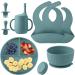 Baby Feeding Set Baby Led Weaning Supplies Silicone Bib Suction Divided c Bowl Spoon Fork Toddler Utensils - 6 Moths (Blue Green)