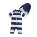 BONVERANO Baby Boys Swimsuit Toddler Bathing Suit Short-Sleeve Zipper One Piece Swimwear with UPF 50+ Sun Protection 9-12 Months Navy Stripe 2