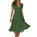 Women's Floral Wrap V-Neck Midi Dress Short Sleeve Boho Summer Beach Long Dress A-Line Casual Smocked Dress Women Green X-Large