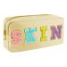 Nylon Waterproof Preppy Makeup Bag- Women Chenille Letter Portable Travel Organizer Pouches for Toiletries and Cosmetics Storage Bag with Patches (Beige-Skin)