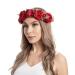 Wiwpar Rose Floral Crown Flower Hair Wreath Headband Garland with Adjustable Ribbon Headpiece for Women (Red)